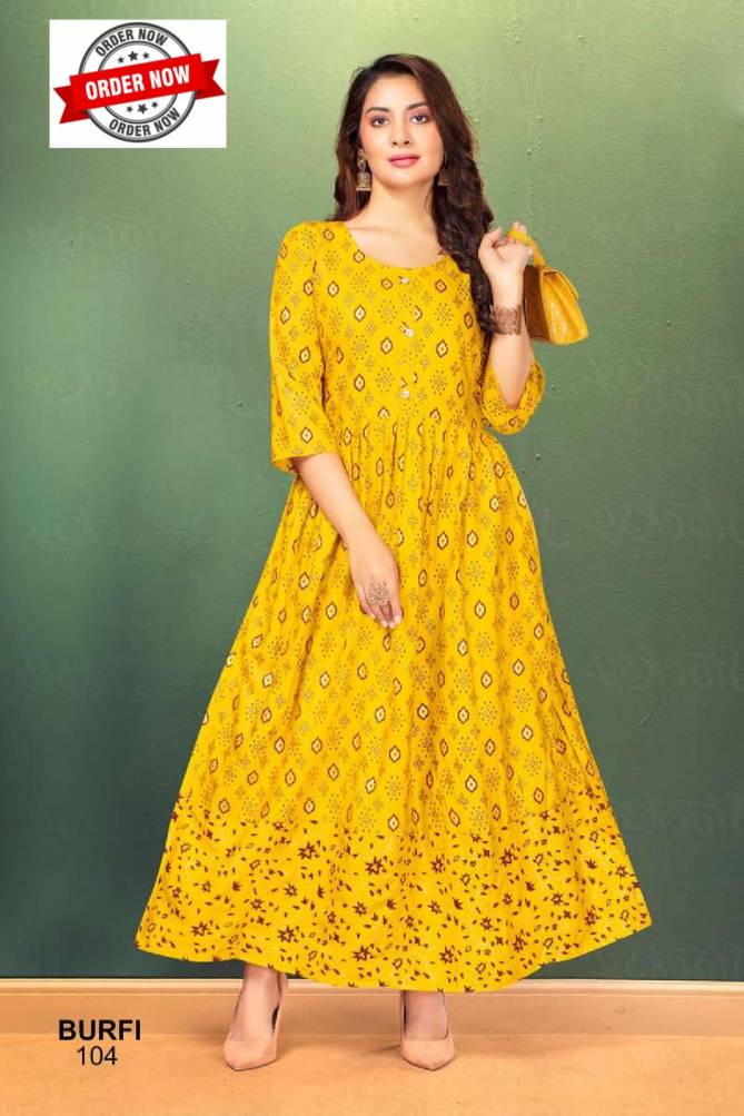 Barfi Vol 1 By Golden 101 To 108 Flaired Printed Kurtis Wholesale Clothing Suppliers In India
